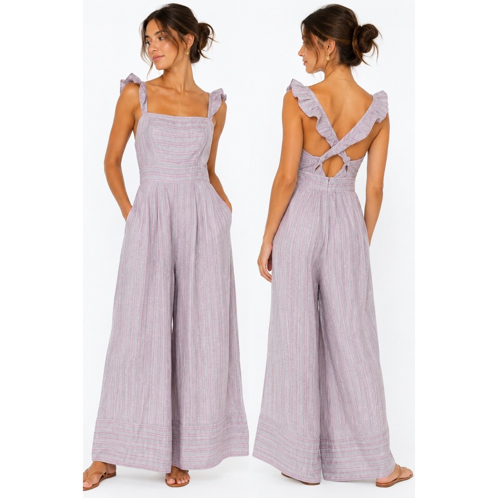 Anthropologie Elevenses Linen Striped‎ Wide Leg Jumpsuit Women XS Ruffle Gray